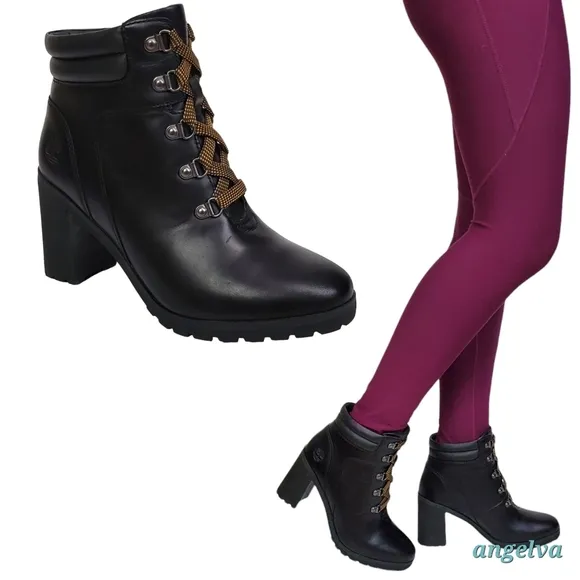 NWT Timberland allington 5 in leather block heel lace up boots black casual