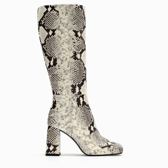 NWT ZARA BOOTS SNAKE PRINT INNER PLATFORM LEATHER HEELED KNEE HIGH BOOTS