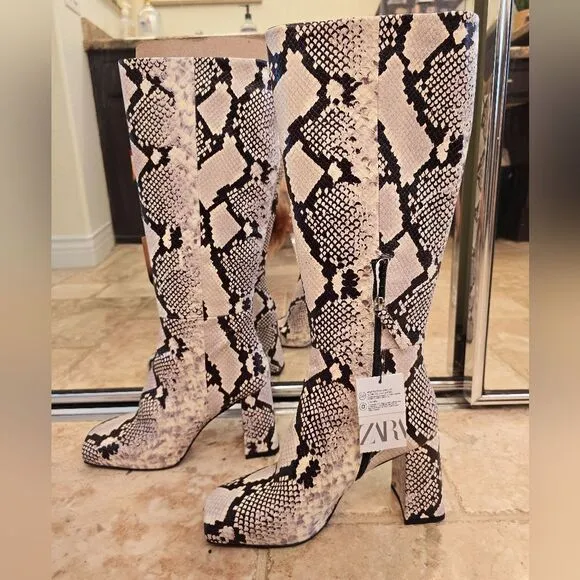 NWT ZARA BOOTS SNAKE PRINT INNER PLATFORM LEATHER HEELED KNEE HIGH BOOTS