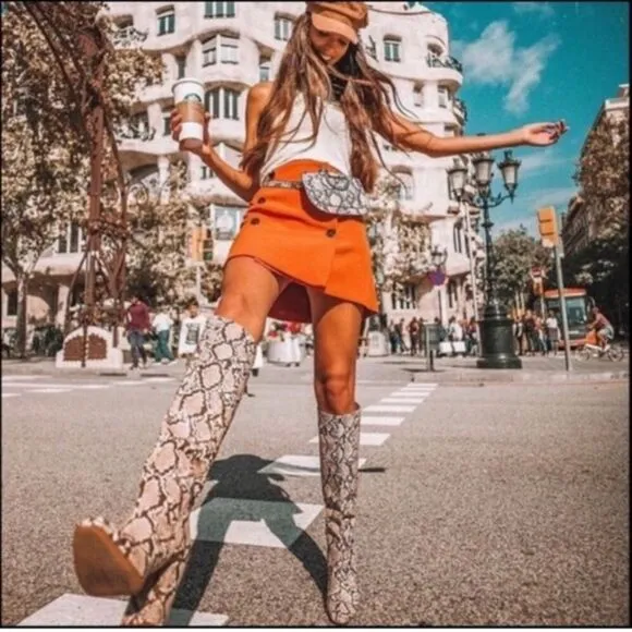 NWT ZARA BOOTS SNAKE PRINT INNER PLATFORM LEATHER HEELED KNEE HIGH BOOTS