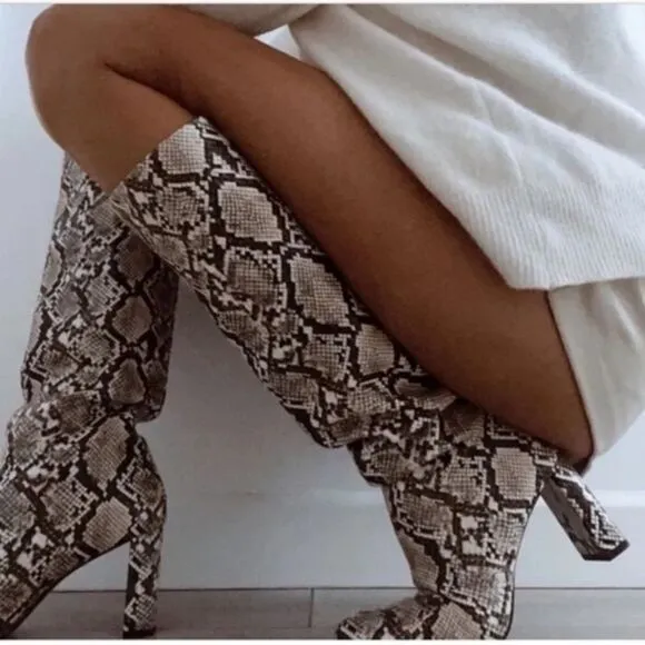 NWT ZARA BOOTS SNAKE PRINT INNER PLATFORM LEATHER HEELED KNEE HIGH BOOTS