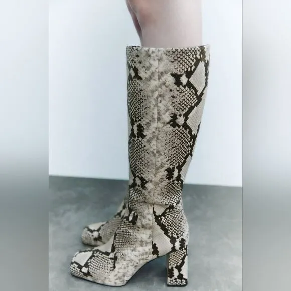 NWT ZARA BOOTS SNAKE PRINT INNER PLATFORM LEATHER HEELED KNEE HIGH BOOTS