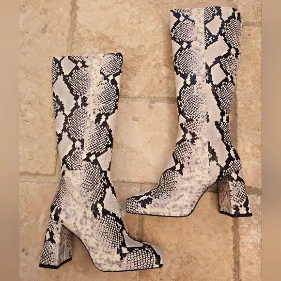 NWT ZARA BOOTS SNAKE PRINT INNER PLATFORM LEATHER HEELED KNEE HIGH BOOTS
