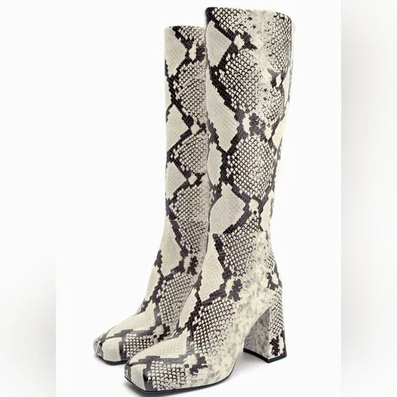 NWT ZARA BOOTS SNAKE PRINT INNER PLATFORM LEATHER HEELED KNEE HIGH BOOTS