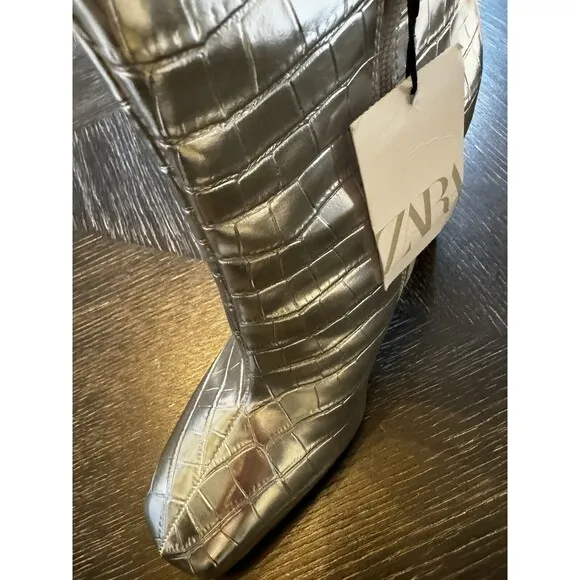 NWT ZARA Laminated HEELed KNEE HIGH BOOTS SILVER Metallic 38 7.5 4 In Heel Croc