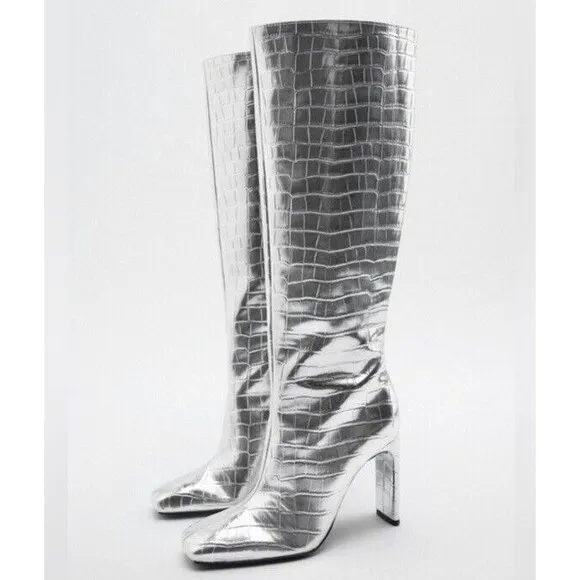 NWT ZARA Laminated HEELed KNEE HIGH BOOTS SILVER Metallic 38 7.5 4 In Heel Croc