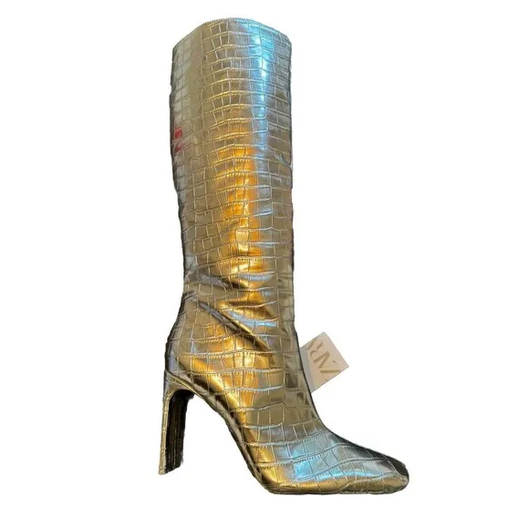 NWT ZARA Laminated HEELed KNEE HIGH BOOTS SILVER Metallic 38 7.5 4 In Heel Croc