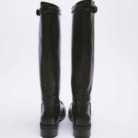 NWT Zara Low Heel Tall Boots With Buckles Black Bloggers Style Size 9 or EU 40