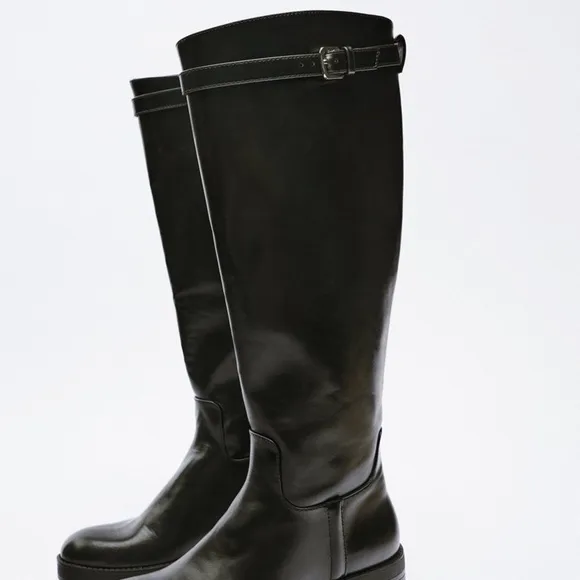 NWT Zara Low Heel Tall Boots With Buckles Black Bloggers Style Size 9 or EU 40