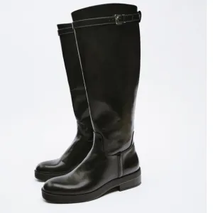 NWT Zara Low Heel Tall Boots With Buckles Black Bloggers Style Size 9 or EU 40