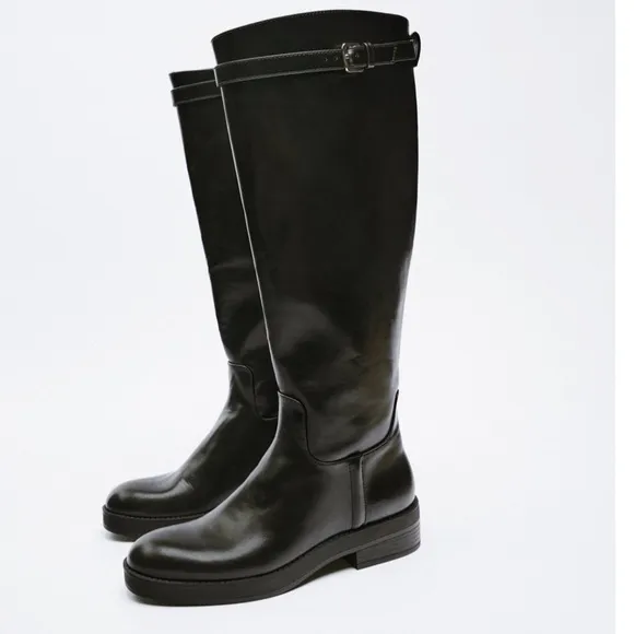 NWT Zara Low Heel Tall Boots With Buckles Black Bloggers Style Size 9 or EU 40