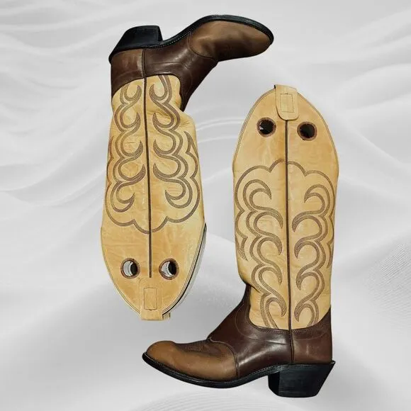 Olathe Boot Co Vintage Mens Tall Top Leather Cowboy Boots 8D Tan‎ Brown Bukaroo