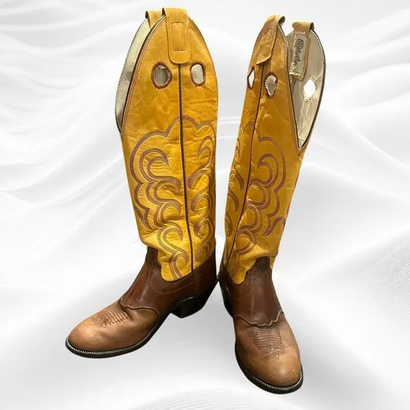 Olathe Boot Co Vintage Mens Tall Top Leather Cowboy Boots 8D Tan‎ Brown Bukaroo