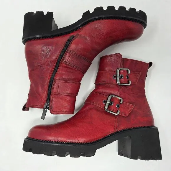 PAUL GREEN JAKE BUCKLE STRAP BOOTIE BOOTS RED LEATHER TIFA COSPLAY WOMENS 9 US