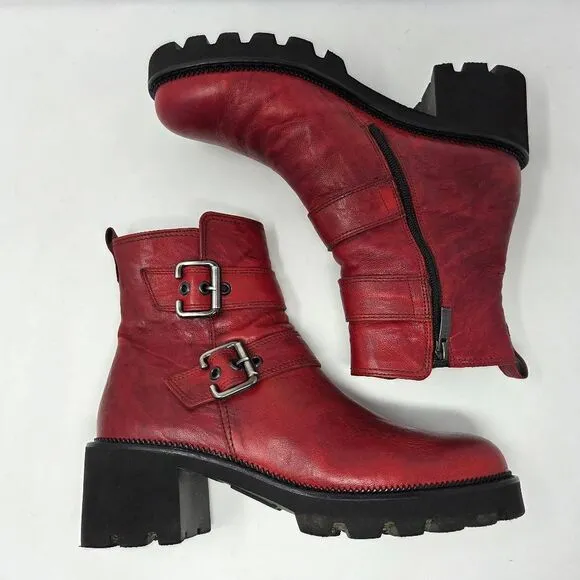 PAUL GREEN JAKE BUCKLE STRAP BOOTIE BOOTS RED LEATHER TIFA COSPLAY WOMENS 9 US