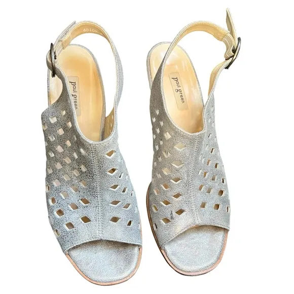 Paul Green women sandals Metallic Brush Leather Buckle slingback Heeled 5/US 7.5