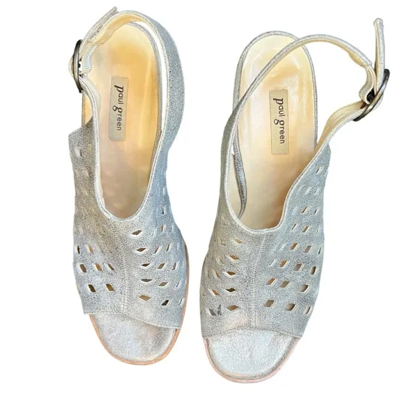 Paul Green women sandals Metallic Brush Leather Buckle slingback Heeled 5/US 7.5