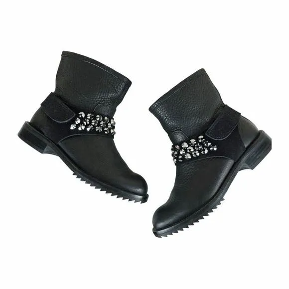 Pedro Garcia Kian Crystal Studded Leather Biker Moto Boots Size 38