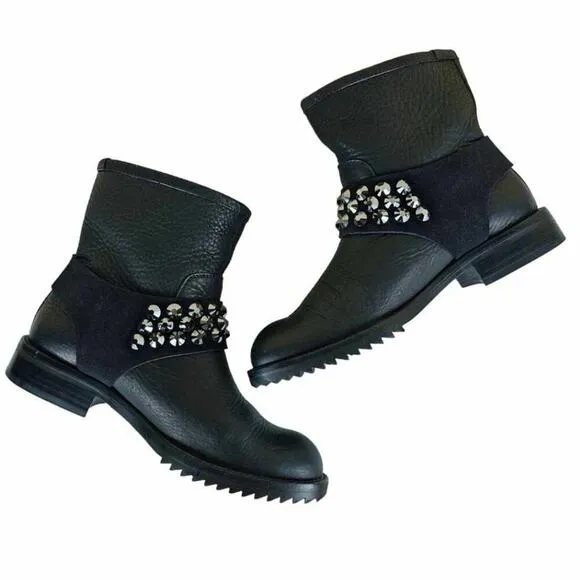 Pedro Garcia Kian Crystal Studded Leather Biker Moto Boots Size 38