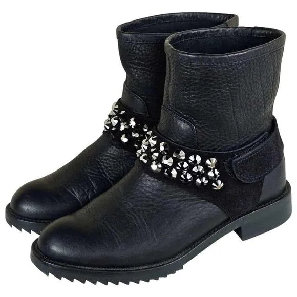 Pedro Garcia Kian Crystal Studded Leather Biker Moto Boots Size 38