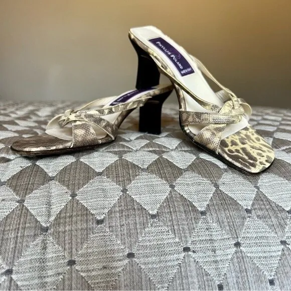 Phyliss Poland Tess Cream Snakeskin Leather Heeled Slide Sandals Women’s Size 6