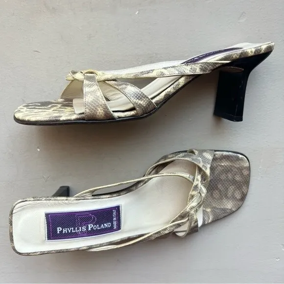Phyliss Poland Tess Cream Snakeskin Leather Heeled Slide Sandals Women’s Size 6