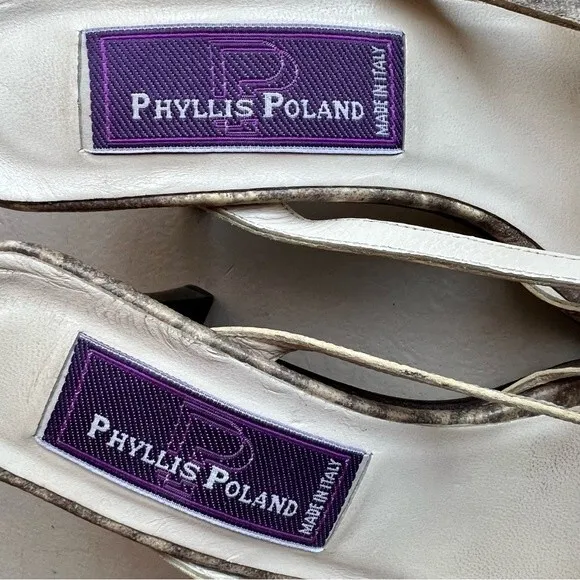 Phyliss Poland Tess Cream Snakeskin Leather Heeled Slide Sandals Women’s Size 6