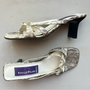 Phyliss Poland Tess Cream Snakeskin Leather Heeled Slide Sandals Women’s Size 6