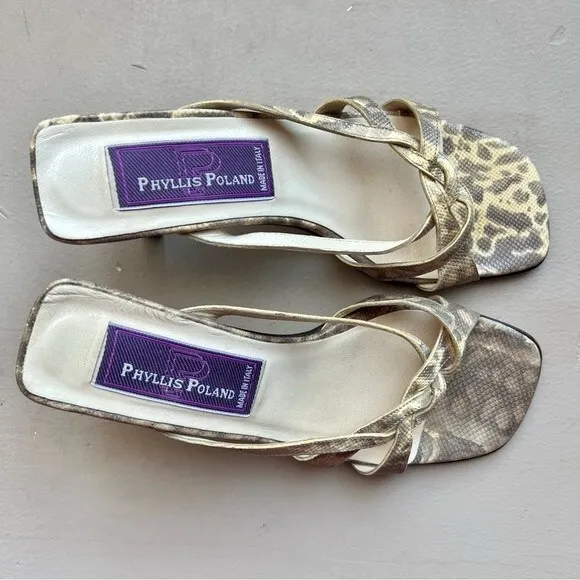 Phyliss Poland Tess Cream Snakeskin Leather Heeled Slide Sandals Women’s Size 6