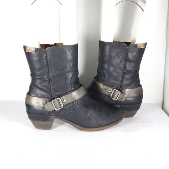 PIKOLINOS Women's Brujas EU40 US9-9,5 Black Leather Buckle Slouch Ankle Boots