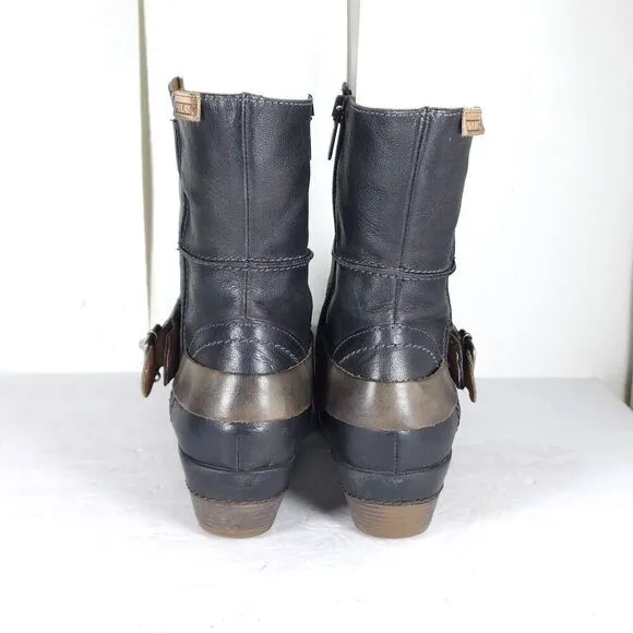 PIKOLINOS Women's Brujas EU40 US9-9,5 Black Leather Buckle Slouch Ankle Boots