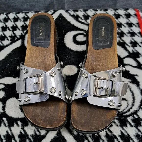 Pinko Sandals Women Size 38 Silver Brown