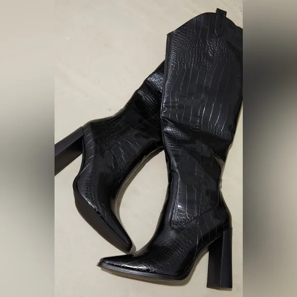PLT Croc Square Toe Knee High Boots