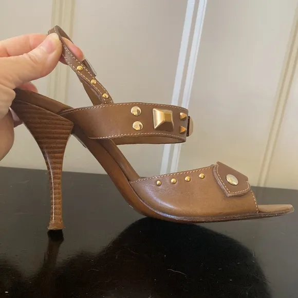 PRADA Bronze, vintage, heeled sandals with bronze &amp; silver stud details.  37.5