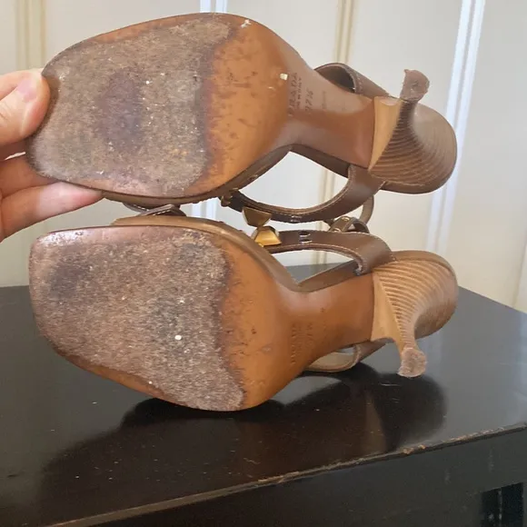 PRADA Bronze, vintage, heeled sandals with bronze &amp; silver stud details.  37.5