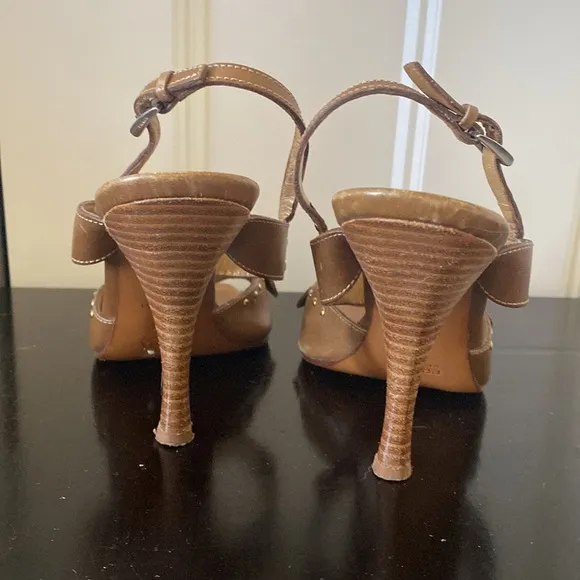 PRADA Bronze, vintage, heeled sandals with bronze &amp; silver stud details.  37.5