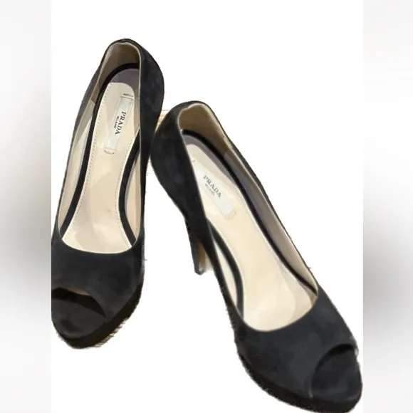 PRADA Gray Suede Leather Open Toe Platform Pump Heel Shoes - 37 EUR/7 US…
