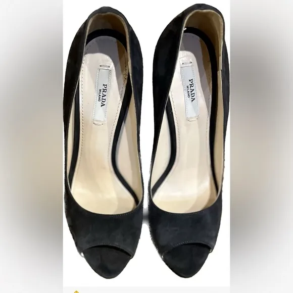 PRADA Gray Suede Leather Open Toe Platform Pump Heel Shoes - 37 EUR/7 US…