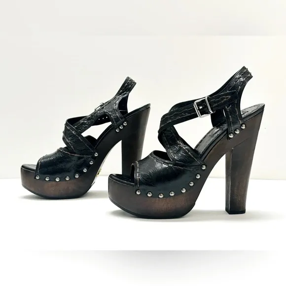 Prada Platform Black Distressed Leather Criss Cross Sandal Heels Shoes 38.5