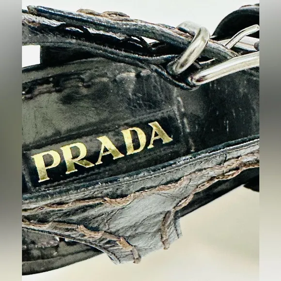 Prada Platform Black Distressed Leather Criss Cross Sandal Heels Shoes 38.5