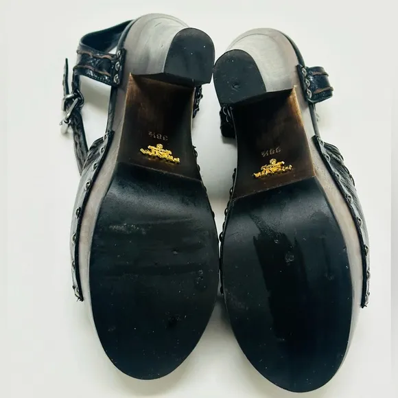 Prada Platform Black Distressed Leather Criss Cross Sandal Heels Shoes 38.5
