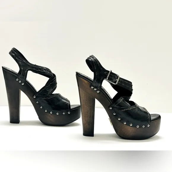 Prada Platform Black Distressed Leather Criss Cross Sandal Heels Shoes 38.5