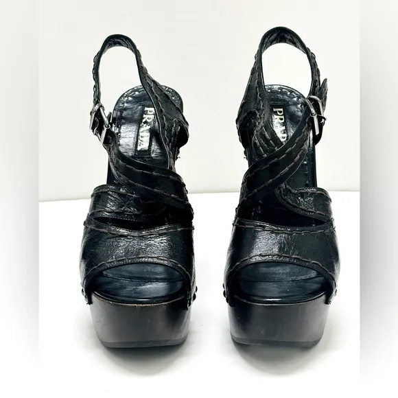 Prada Platform Black Distressed Leather Criss Cross Sandal Heels Shoes 38.5