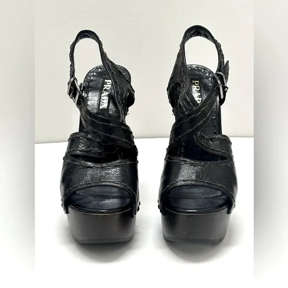 Prada Platform Black Distressed Leather Criss Cross Sandal Heels Shoes 38.5