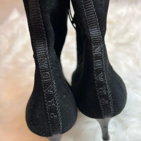 Prada tall suede heeled boots