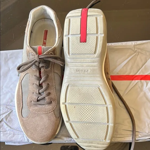 Prada Vintage Men's America’s Cup Tan Suede and silver Sneakers 6-1/2 Uk 81/2 US