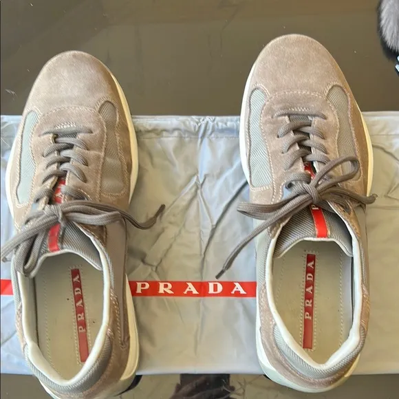 Prada Vintage Men's America’s Cup Tan Suede and silver Sneakers 6-1/2 Uk 81/2 US
