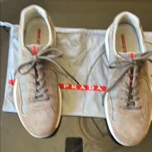 Prada Vintage Men's America’s Cup Tan Suede and silver Sneakers 6-1/2 Uk 81/2 US