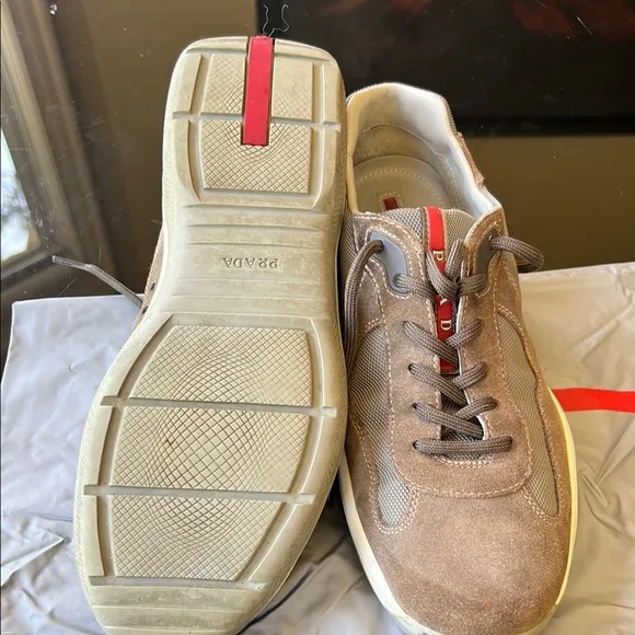 Prada Vintage Men's America’s Cup Tan Suede and silver Sneakers 6-1/2 Uk 81/2 US