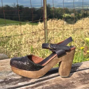 Rachel Comey Chic sequin ankle strap Clog Black Wood Heel Platform Shoe 8